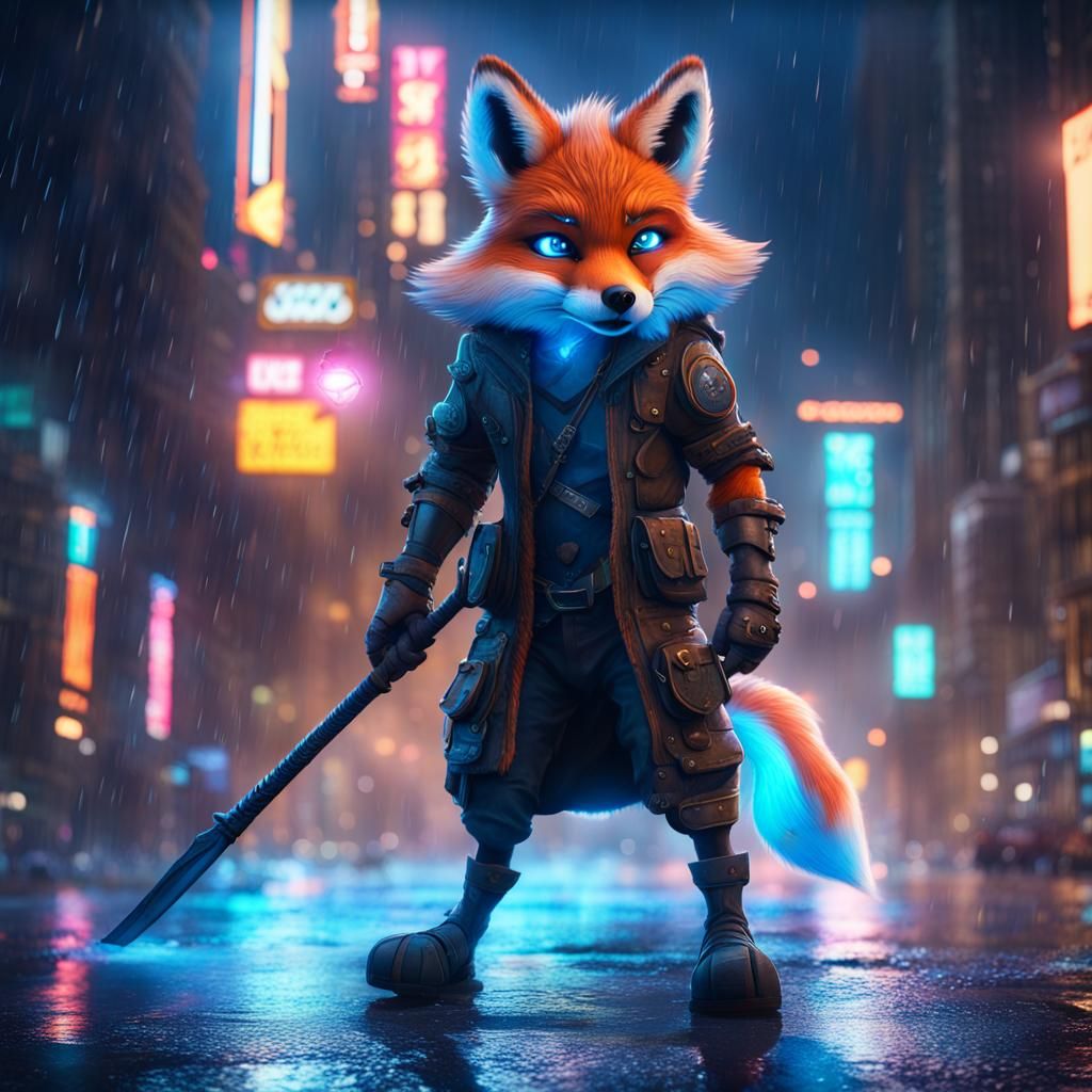 Neon Protogen Fox Hero in Rainy City