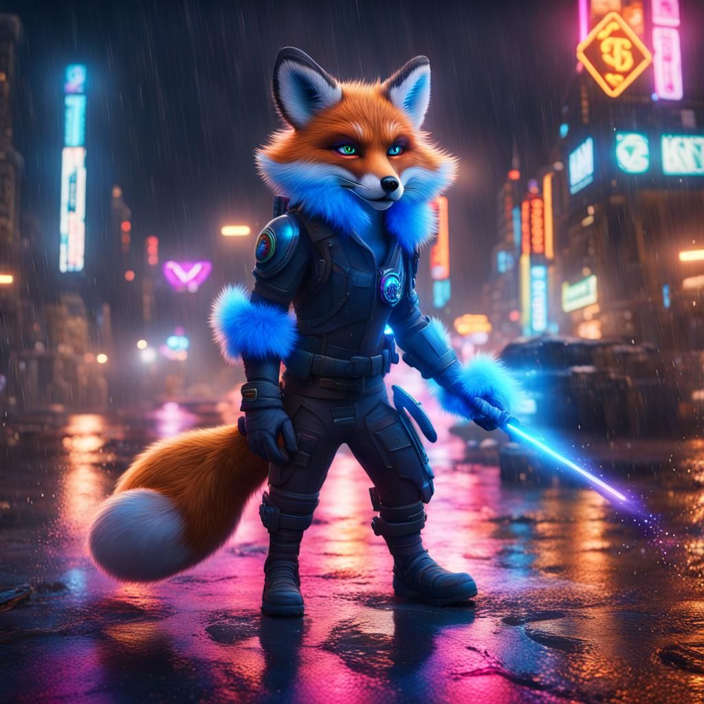 Futuristic Neon Fox Hero in a Rainy City