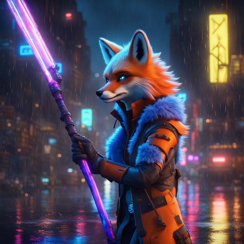 Neon Furry Protogen Fox in Rainy City