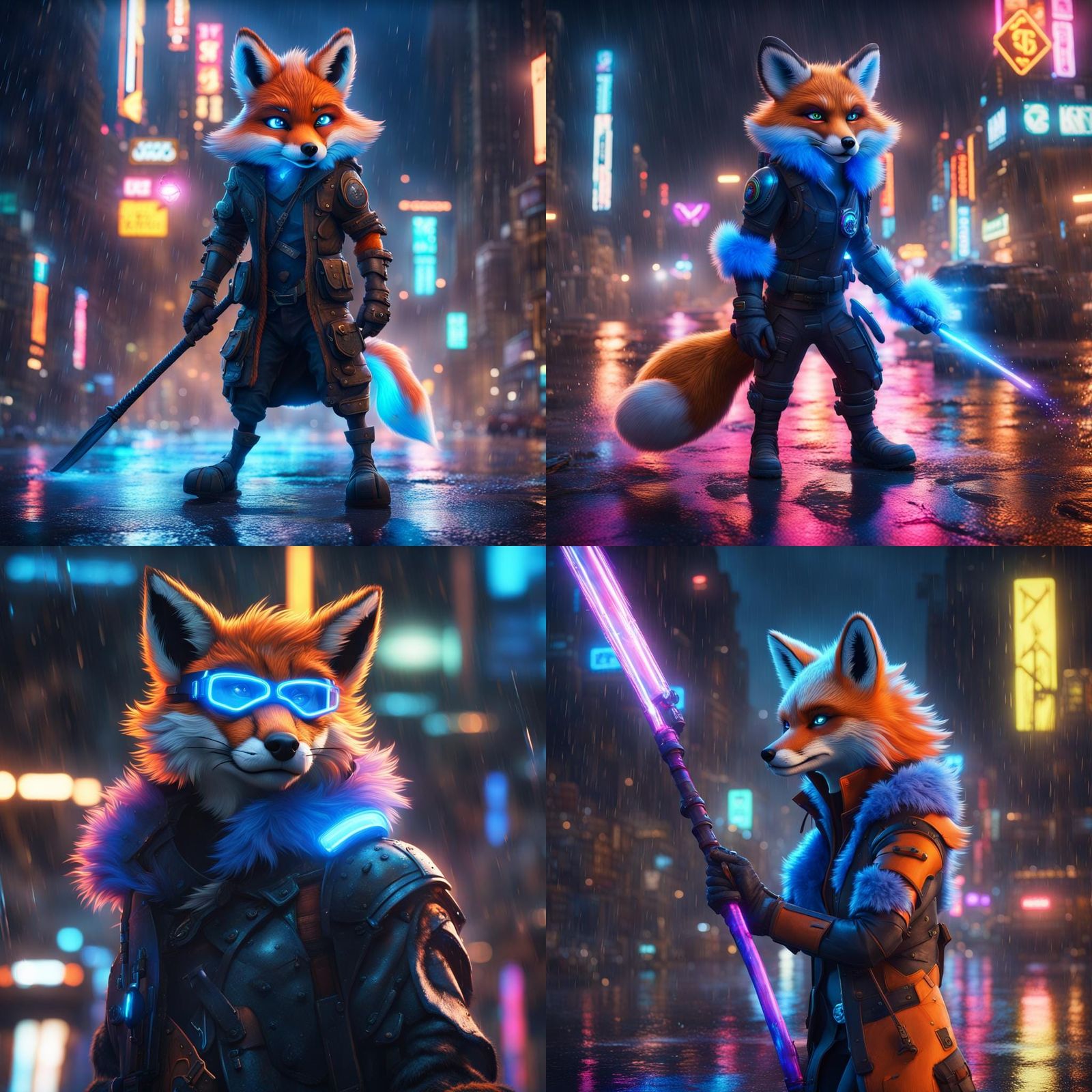 Neon Fox Protogen Hero in Rainy City
