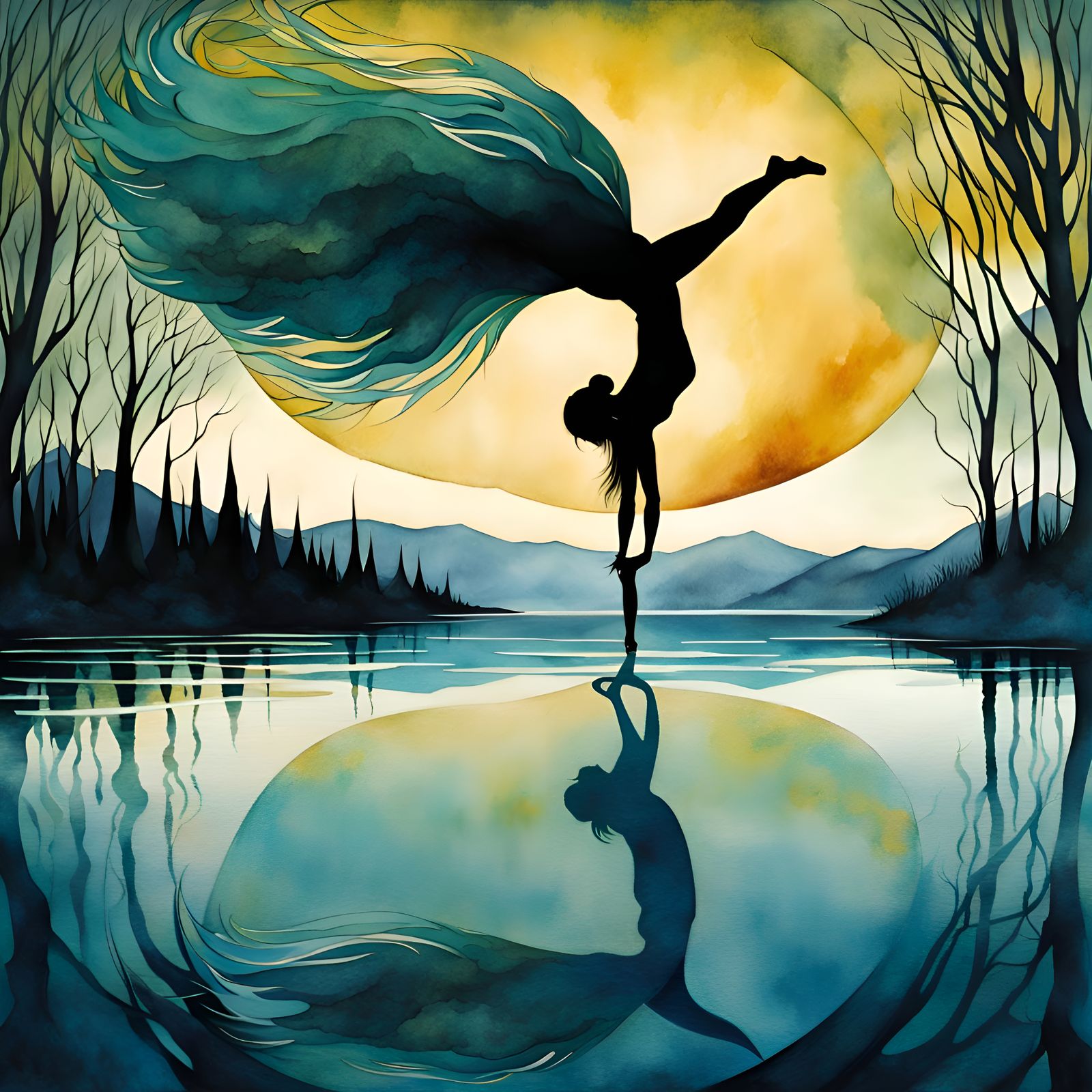 Woman's Handstand on Windy Lake: Digital Watercolor Illustra...