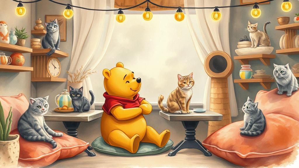 Winnie the Pooh at Cozy Watercolor Cat Cafe