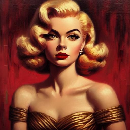 1950s Woman in Gold Dress, Painted Style