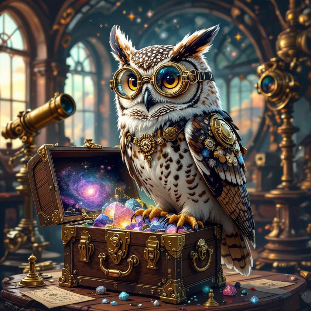 Steampunk Owl Perched on Cosmic Treasure Chest