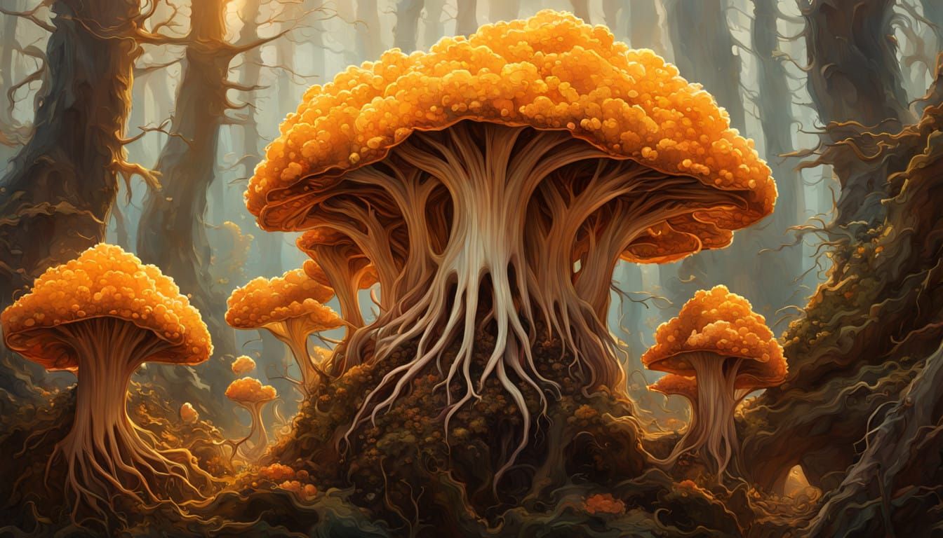 Hyper Realistic Hydnellum Peckii Fungus in Vibrant, Abstract...