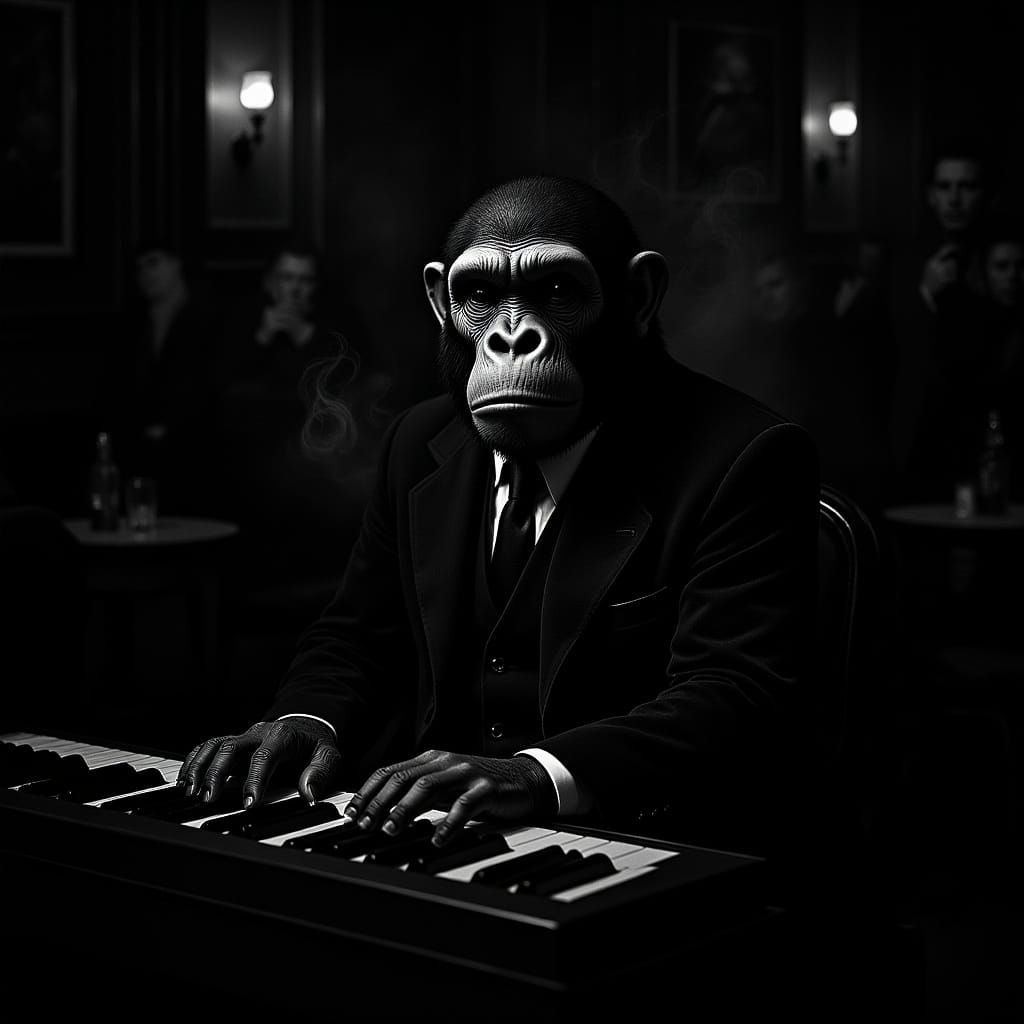 Chimpanzee Jazz Pianist in Film Noir Style