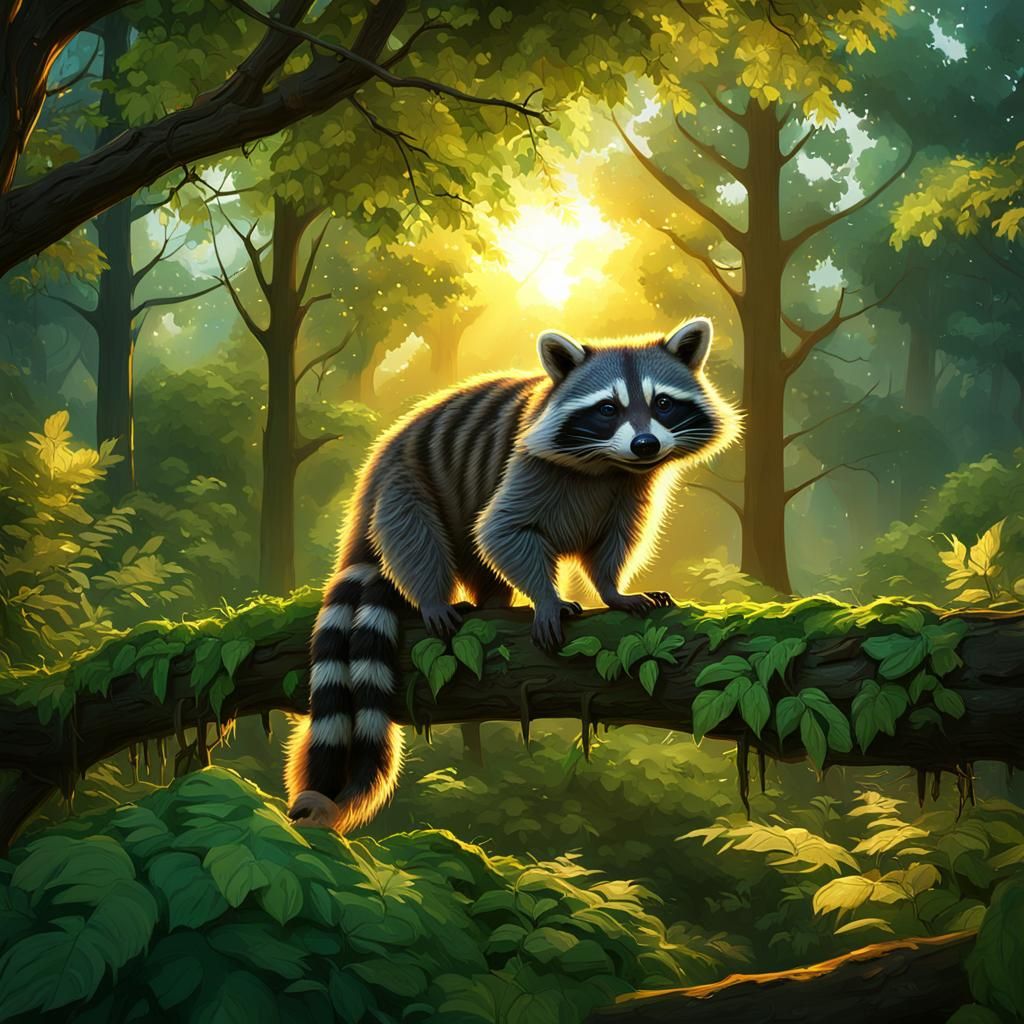 Raccoon in Forest Sunset: Detailed Matte Painting