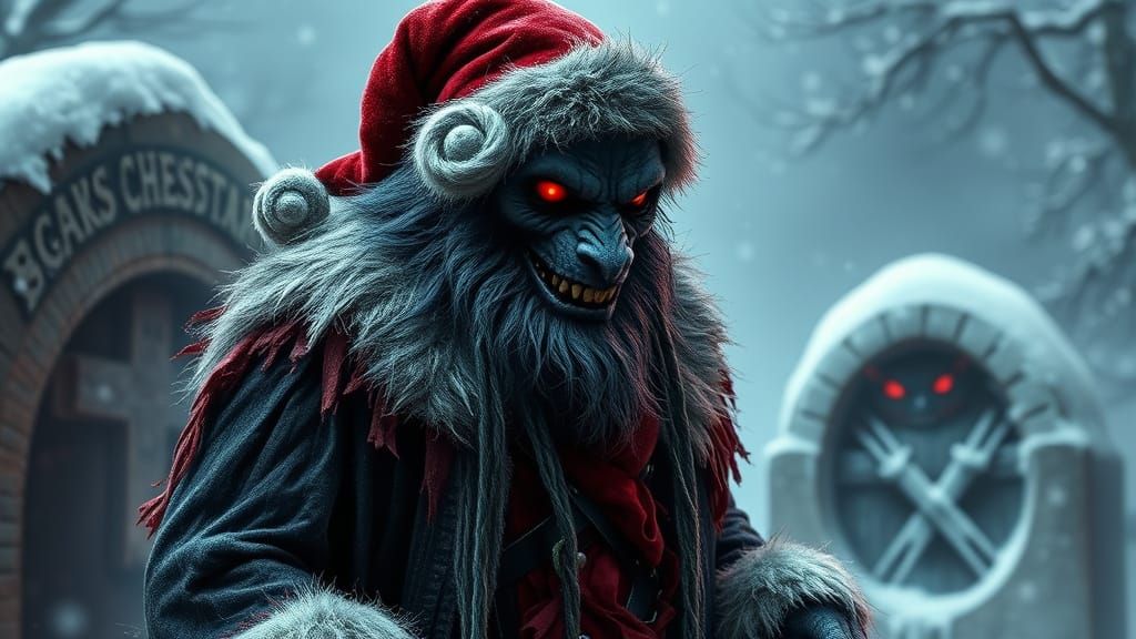 Grotesque Werewolf Santa on Crypt, Eerie Red Eyes