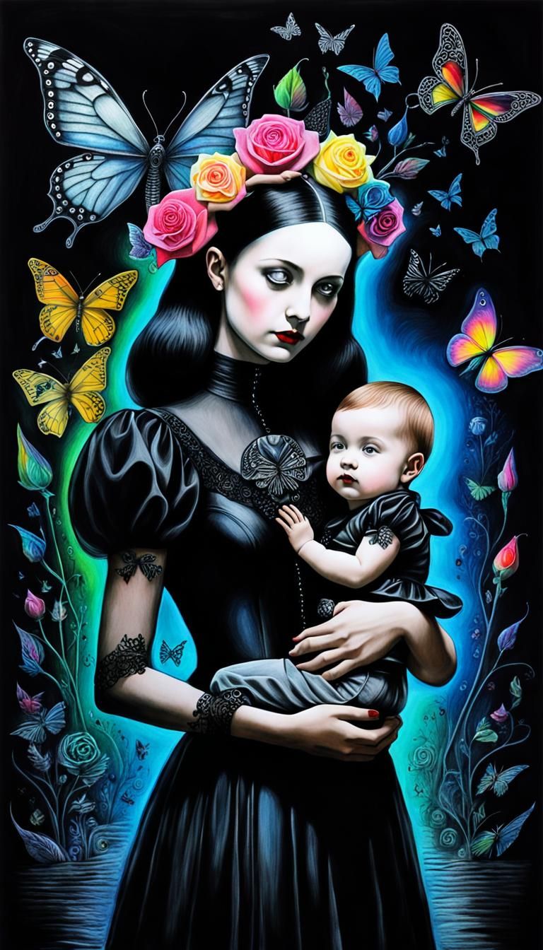 Surreal Crayon Drawing: Gothic Mother and Child