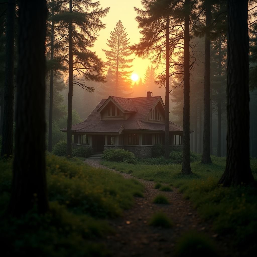 Fairytale House in Forest at Sunset: Cinematic Still
