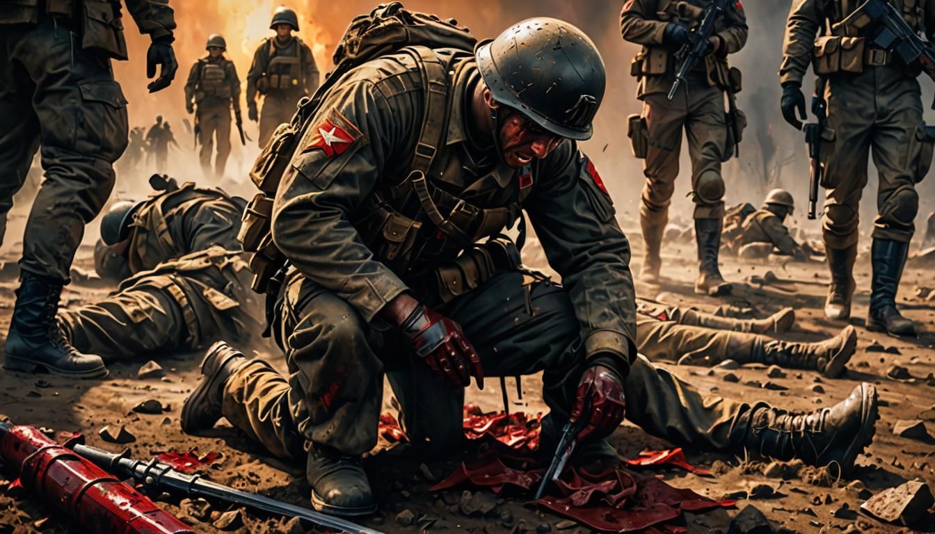Sorrow on the Battlefield: Hyperrealistic War Scene