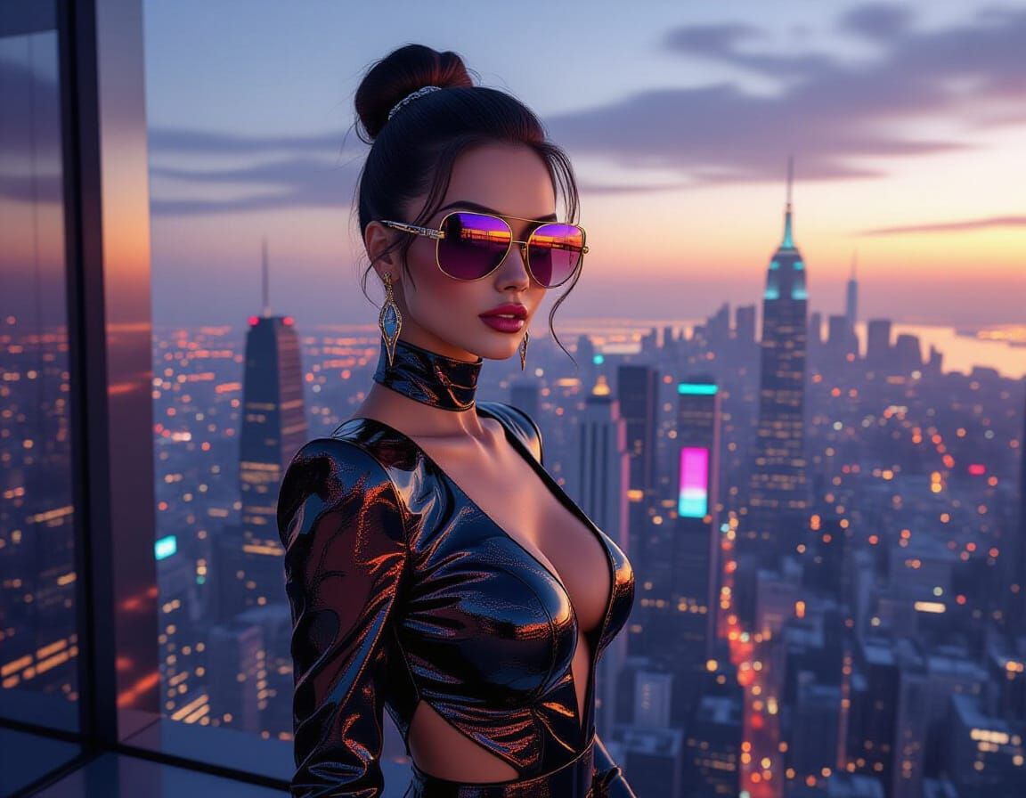 Futuristic Woman in Neon Cityscape, Cyberpunk Editorial
