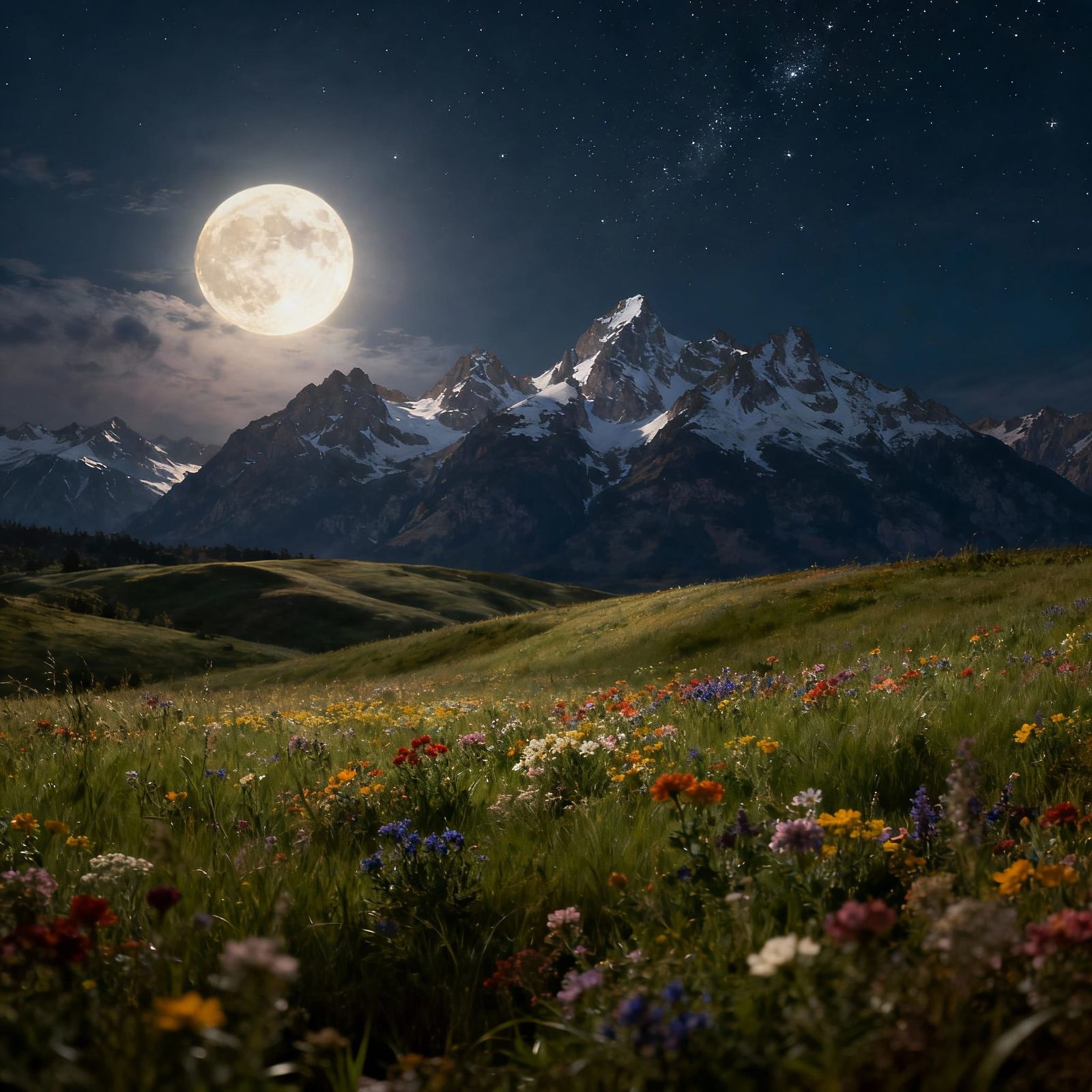 Moonlit Meadow with Wildflowers and Mountains in Romantic La...