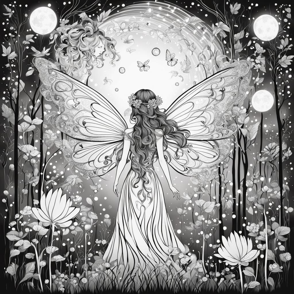 Radiant Fairy in Whimsical Forest Line Art