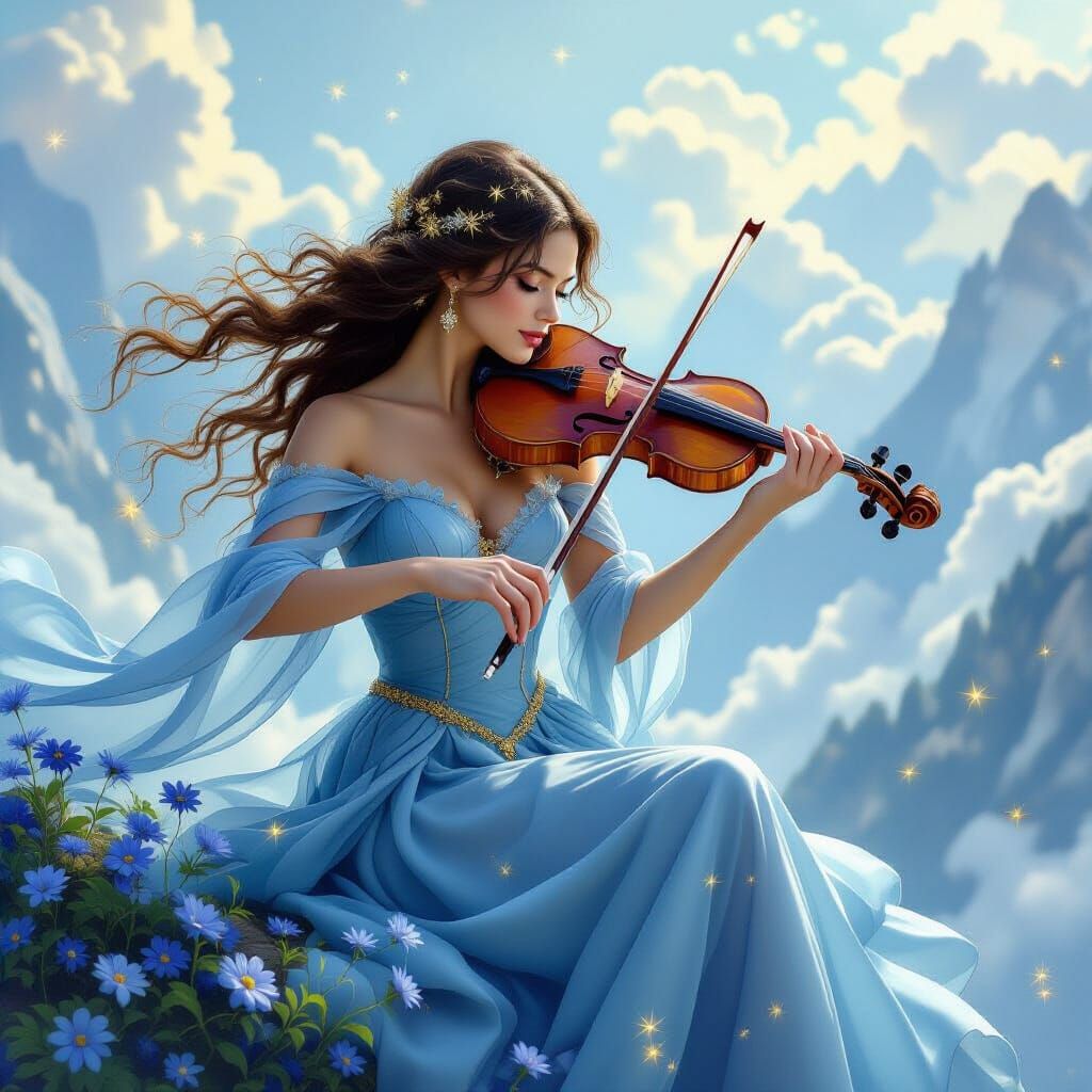 Ethereal Violinist Plays on Cloud Bridge, Fantasy Art