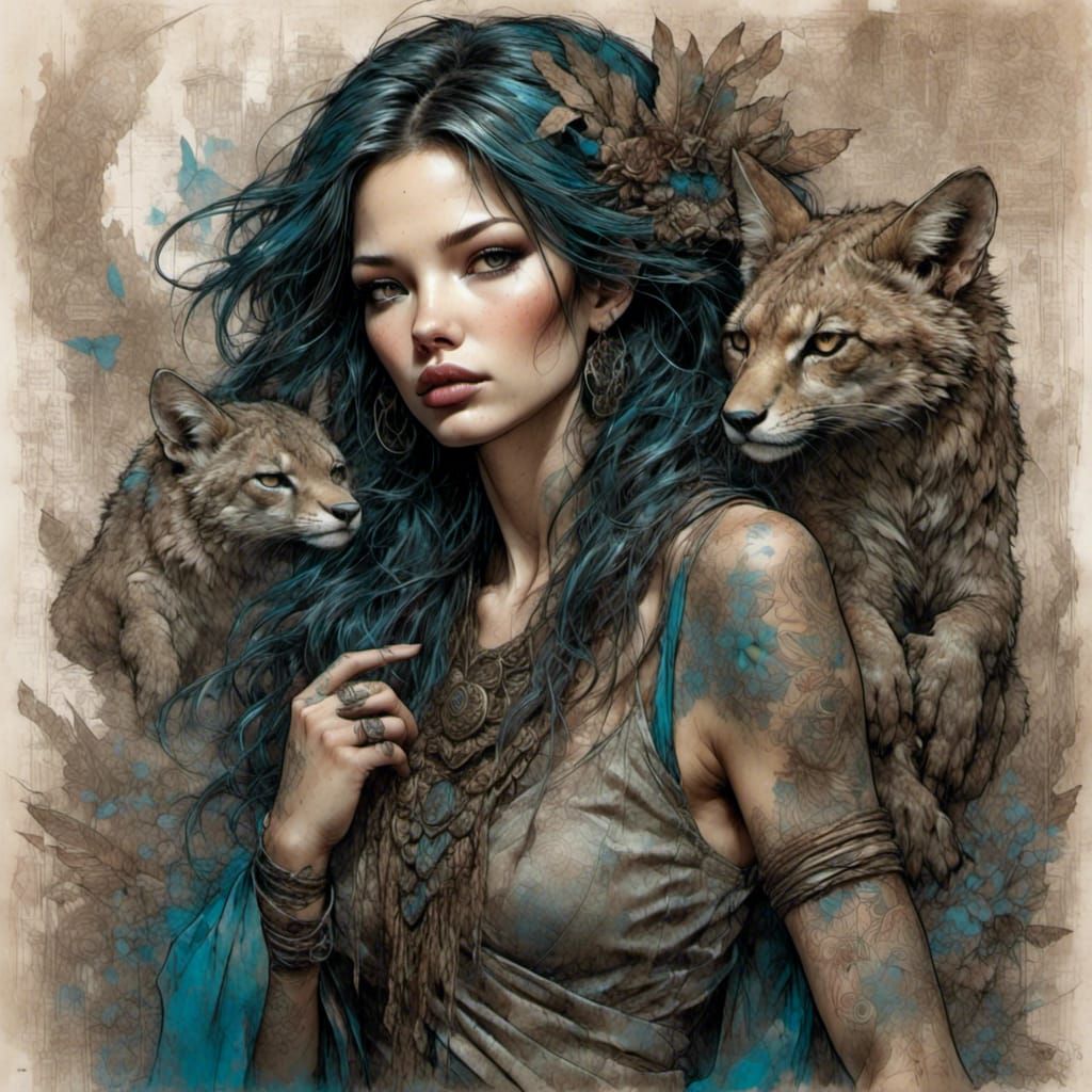 Mystical Fairy with Fantasy Creature, Grunge Poster Art