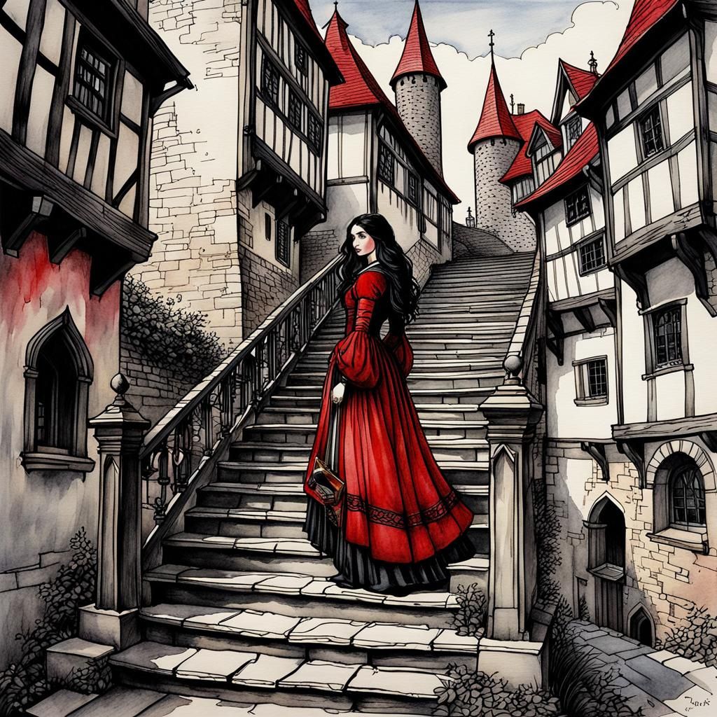 Medieval Girl on Stairs: Storybook Illustration