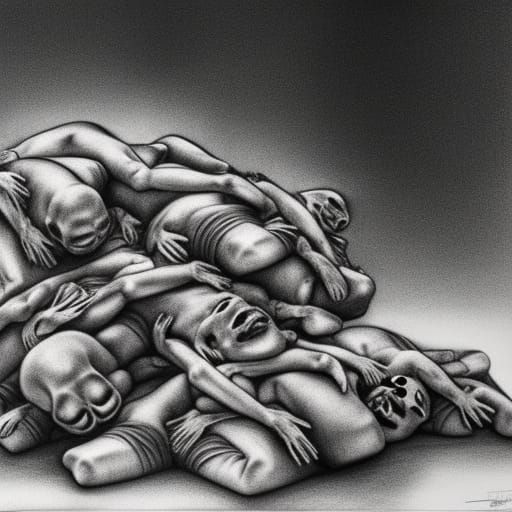 Hyperrealistic Corpse Pile Obscures City Sun