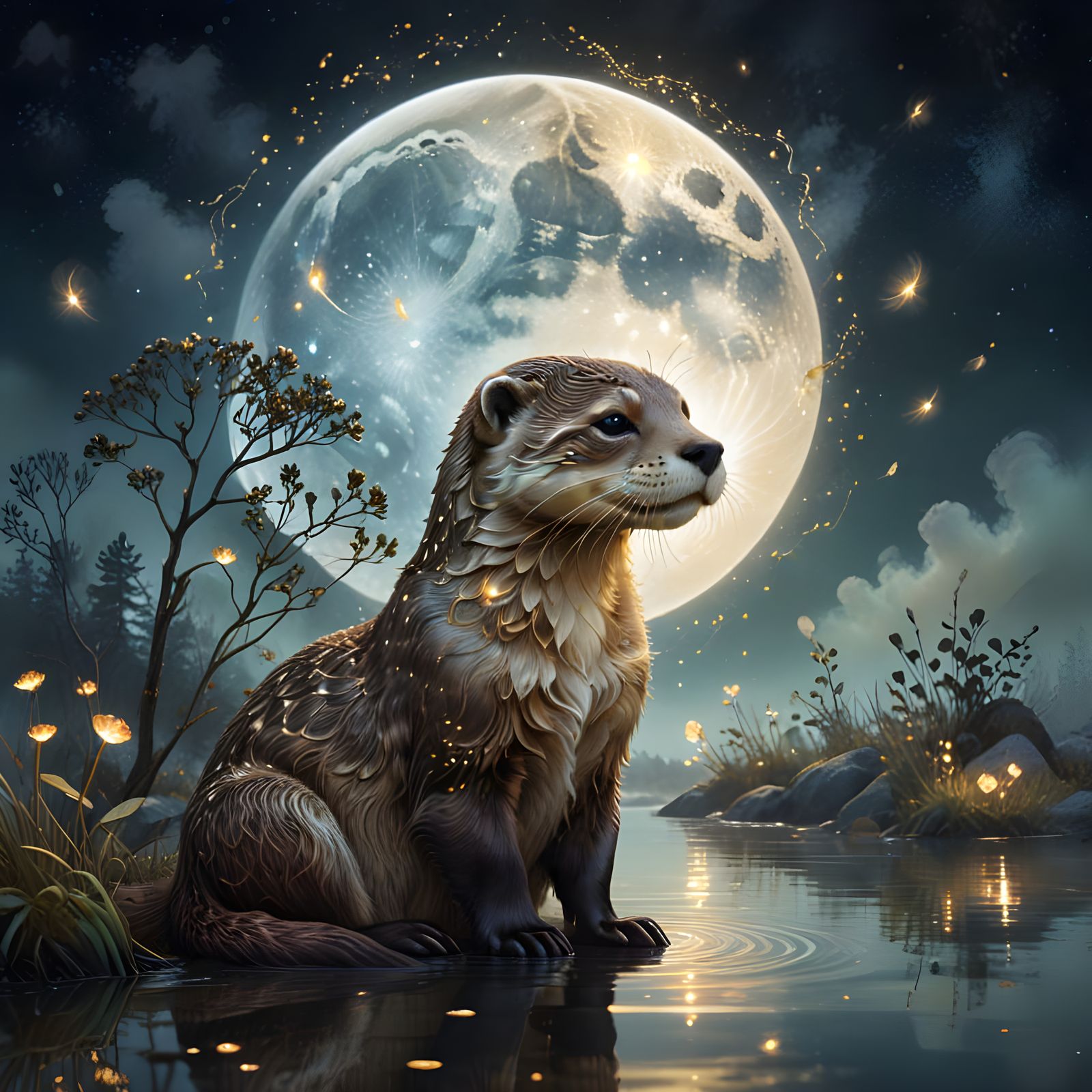 Dreamy Otter Under Filigree Moon: Digital Double Exposure
