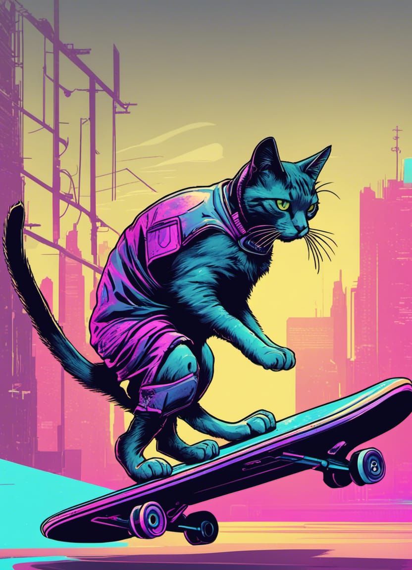 Cyberpunk Cat Skateboarding in a Neon Cityscape