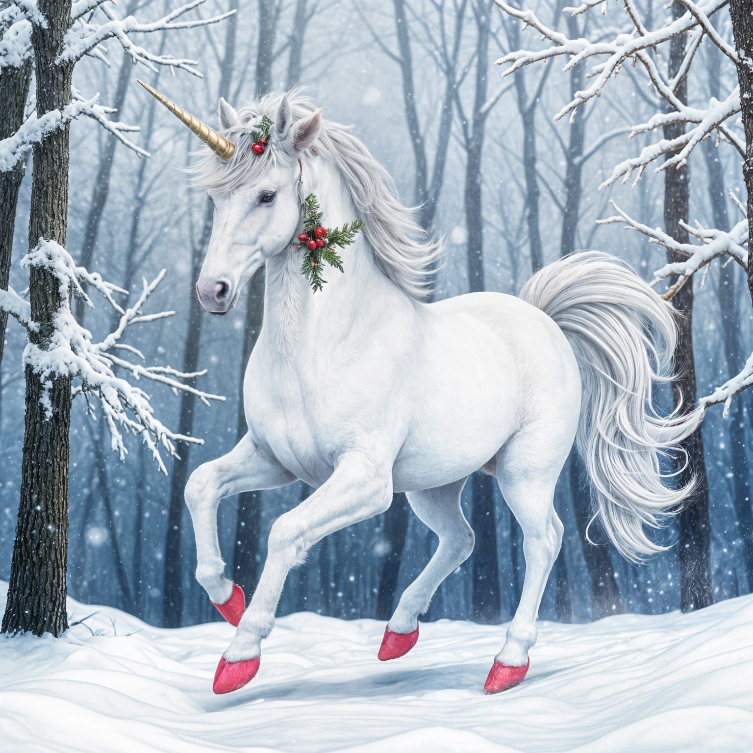 Whimsical Winter Unicorn in Watercolor Style