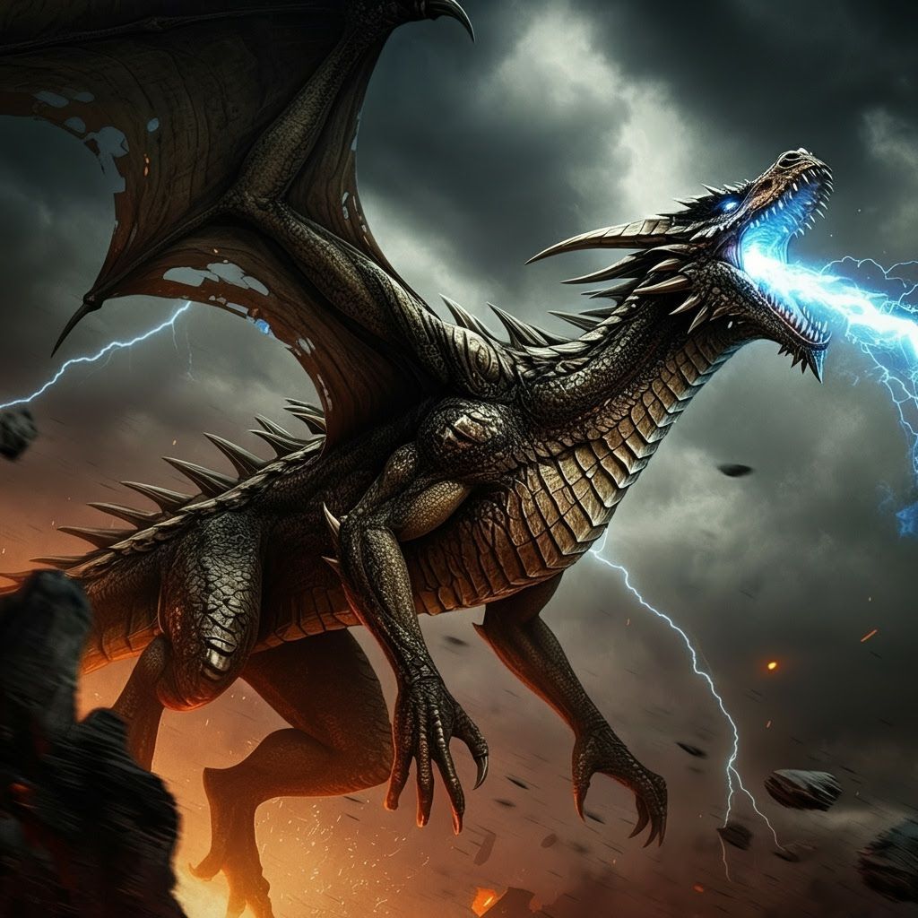 Fearless Dragon Breathing Fire and Lightning in Stormy Sky