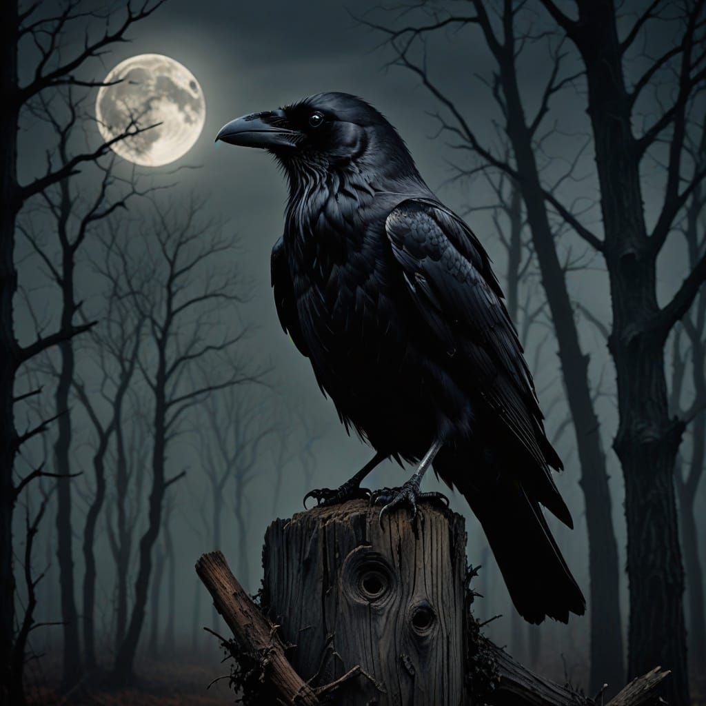 Gothic Raven Perched on Weathered Forest Post