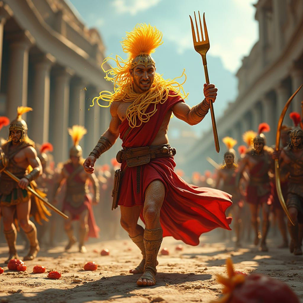 Surreal Pasta Warrior Clash in Ancient Coliseum