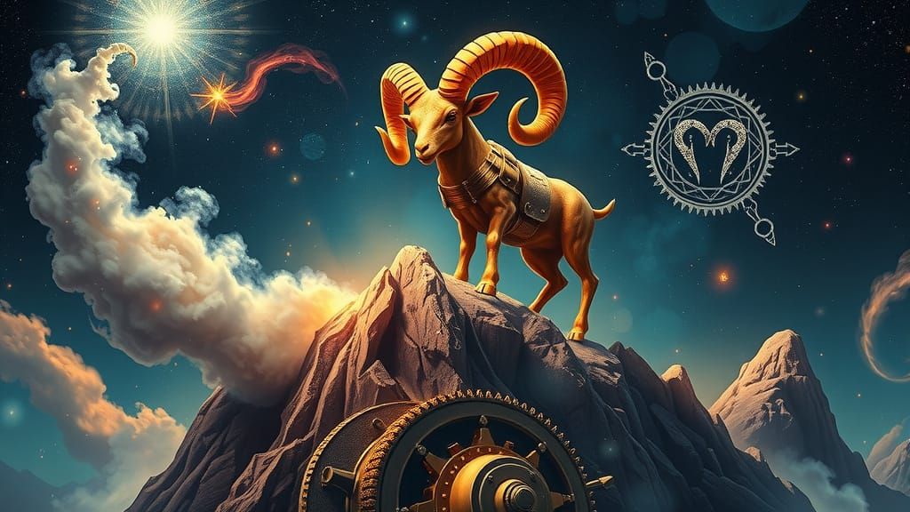 Cosmic Steampunk Ram with Golden Horns