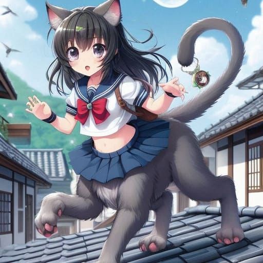 Anime Cat-Centaur Girl in Sailor Fuku Rushing Through Asian ...