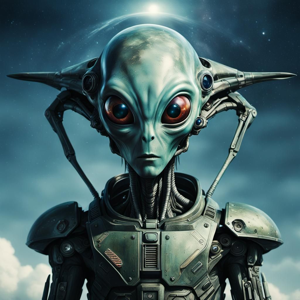 Alien Portrait Gazing at Spaceship in Anime Style