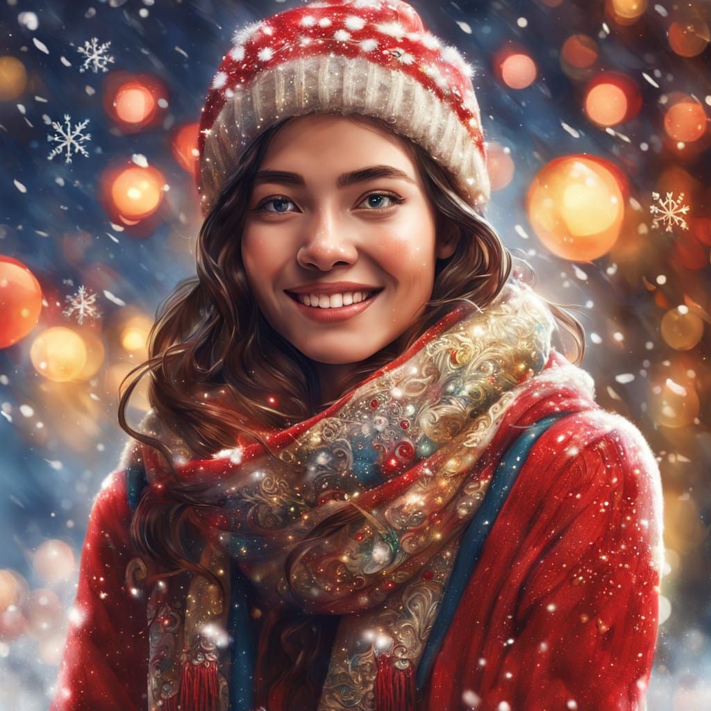 Joyful Young Woman in Festive Christmas Setting, Warmly Lit....