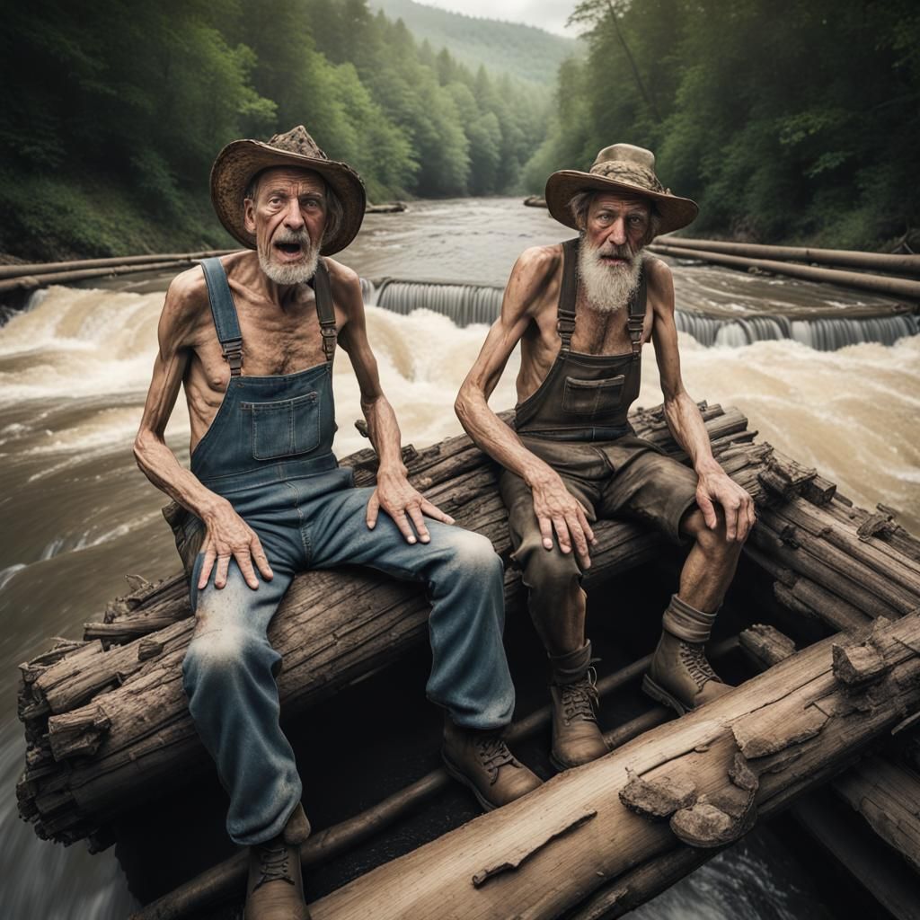 Appalachian Brothers Ride River Log in Photorealistic Style