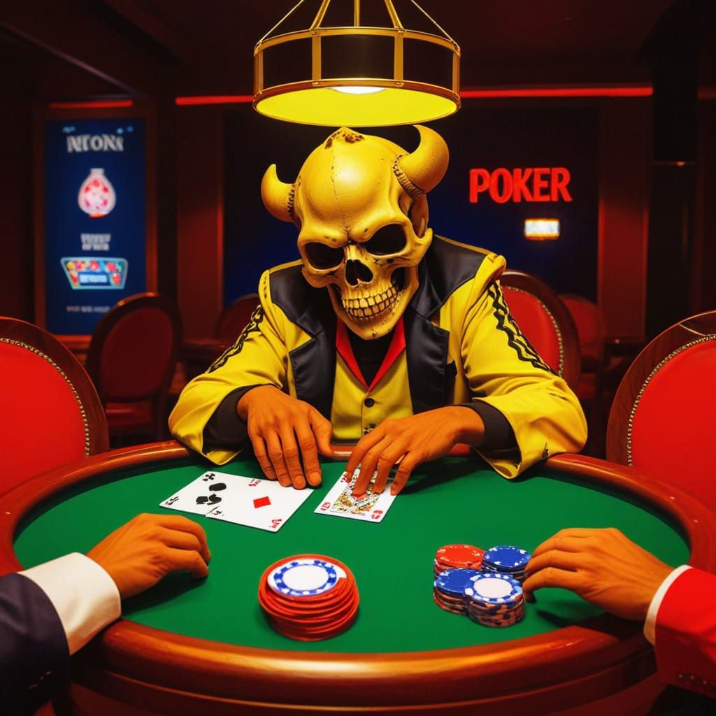 Poker Player with Skull Face in a High-Stakes Game
