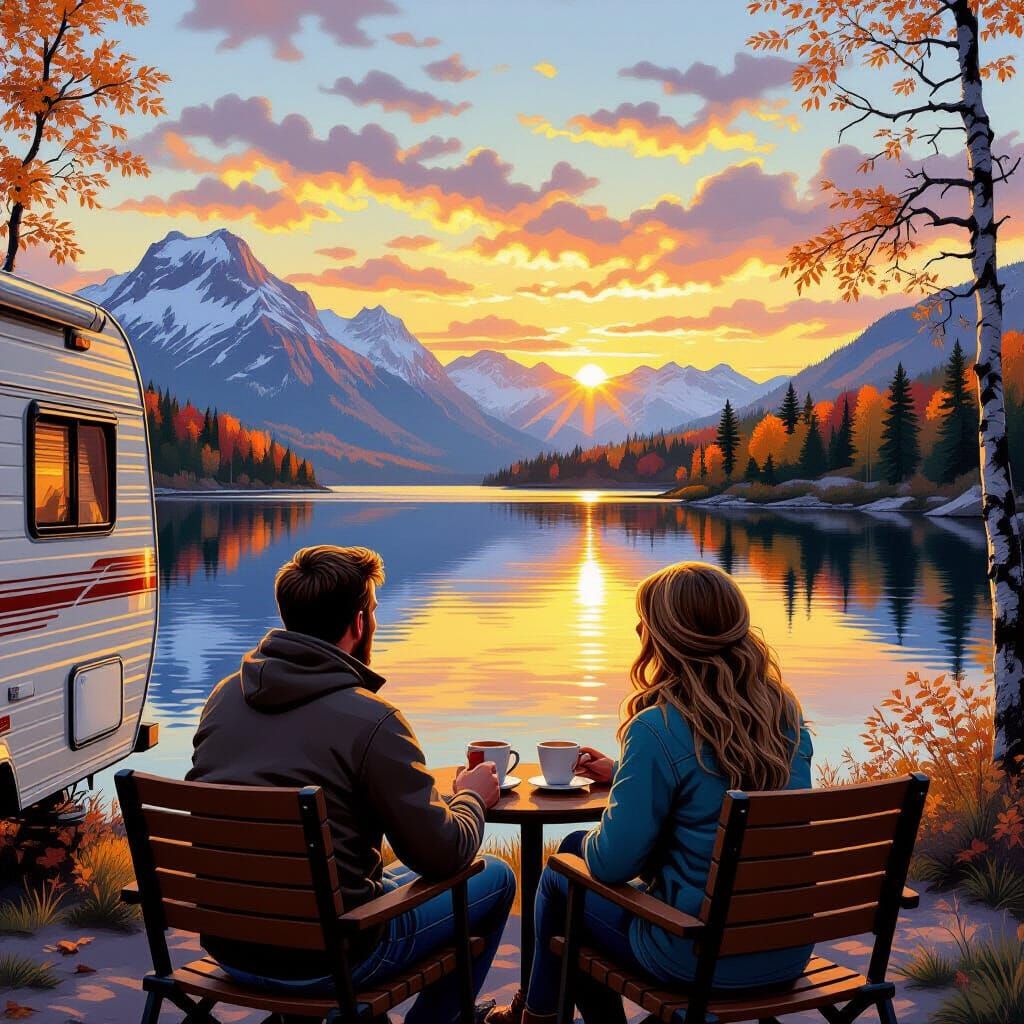Cozy Camper by Lake at Sunset in Landscape Painting Style