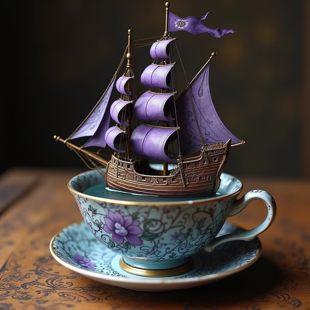 Gothic Whimsy: Galleon Sails Across Teacup