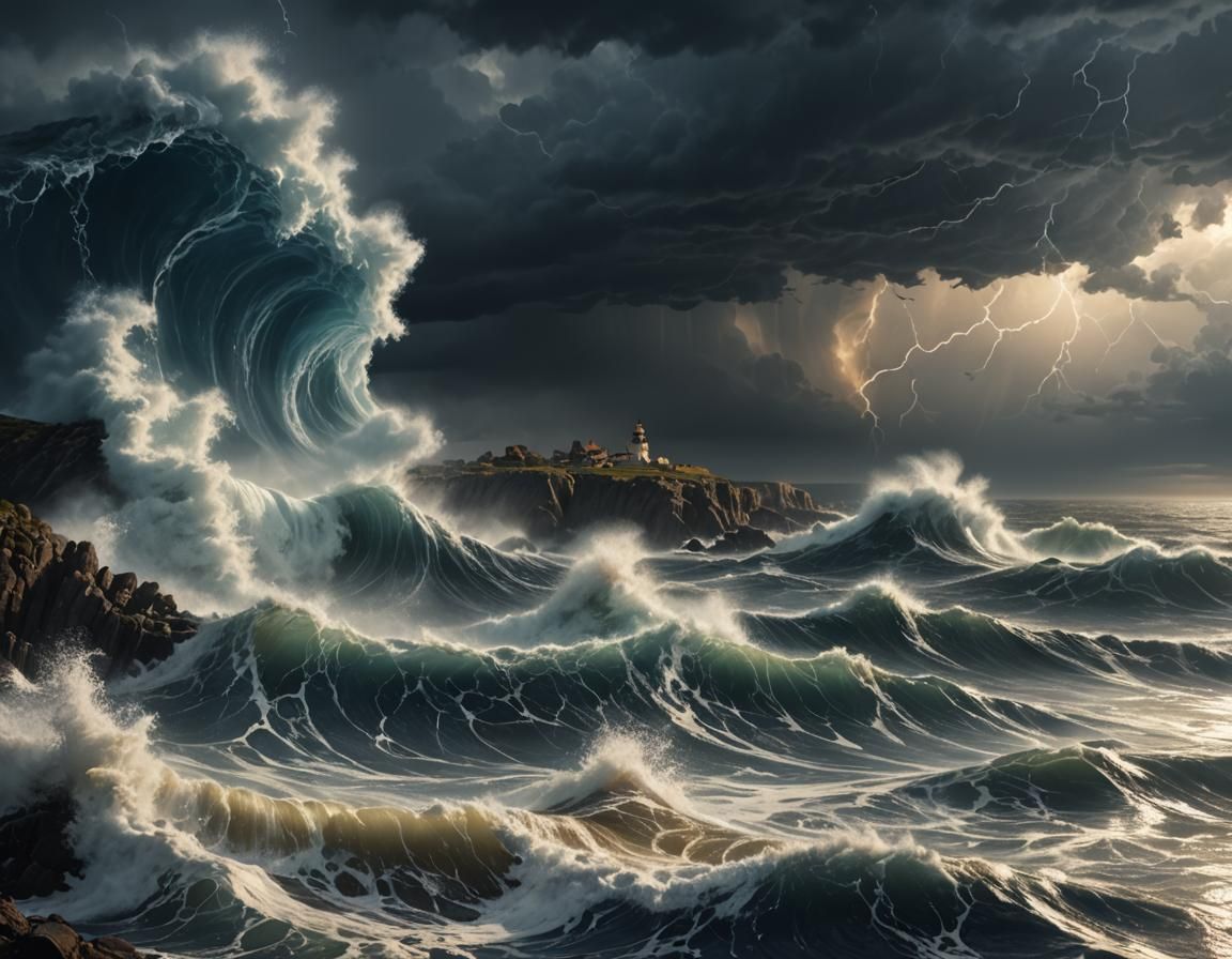 Turbulent Sea Wave Crashing on Rocky Shore