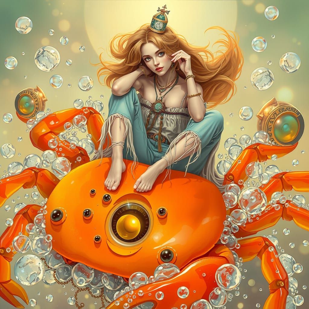 Woman on Gummy Crab in Dreamlike Soda Sea