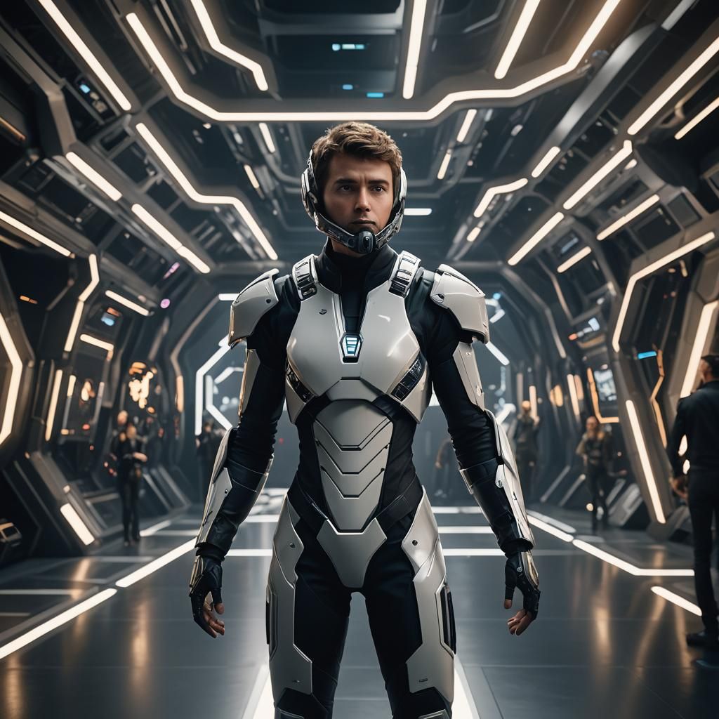 Confident Host in Futuristic Setting, Hyperreal Film Still
