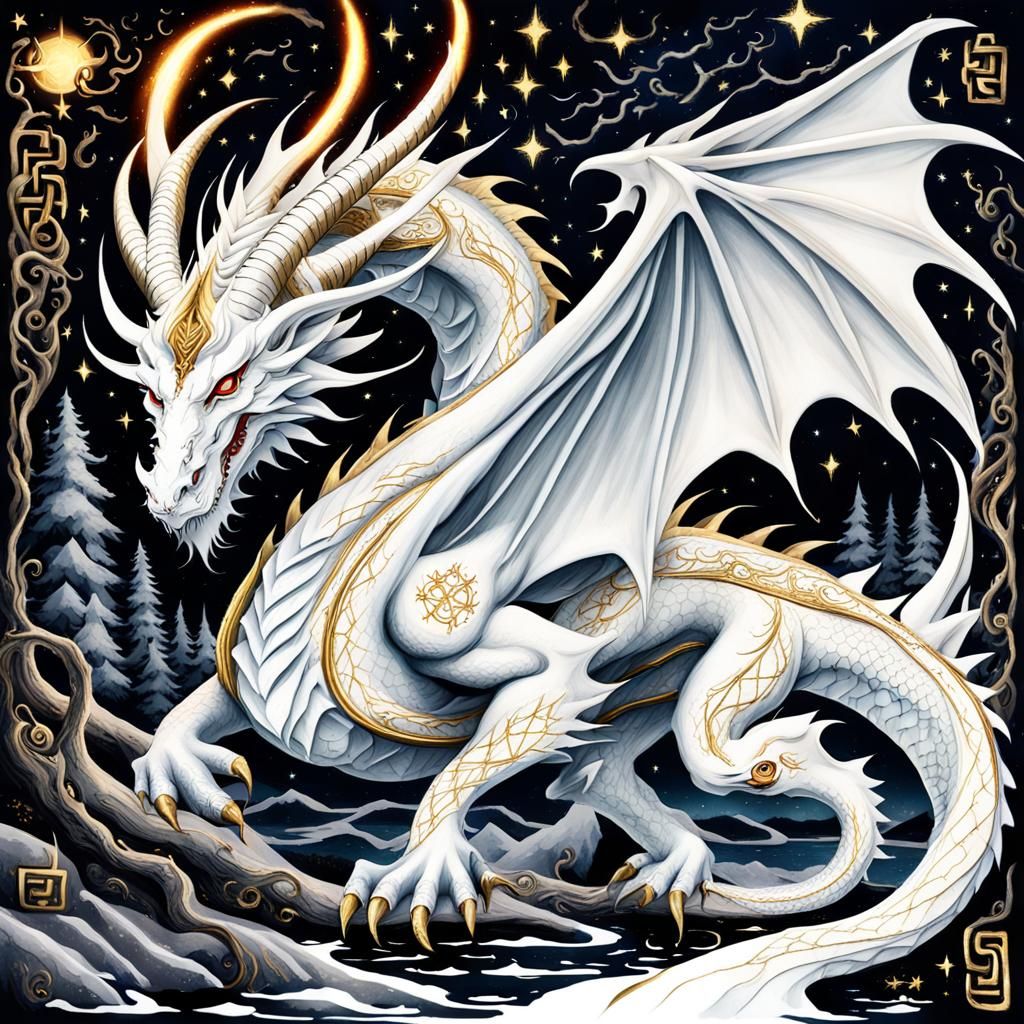 Bioluminescent Dragon with Celtic Runes in Watercolor