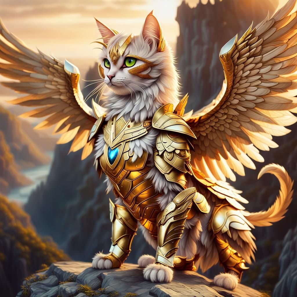 Winged Cat in Golden Armor Sunset Fantasy
