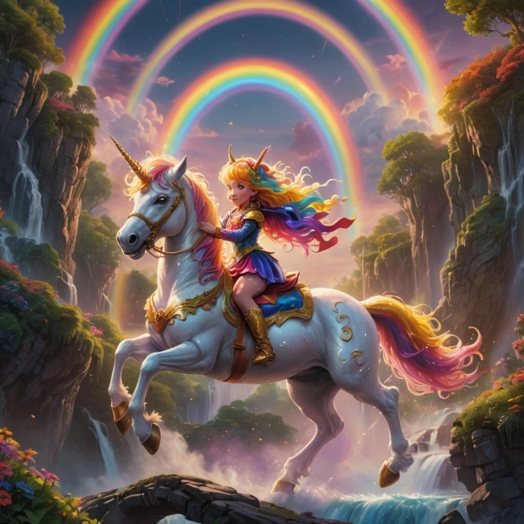 Rainbow Brite on Unicorn Over Rainbow Bridge