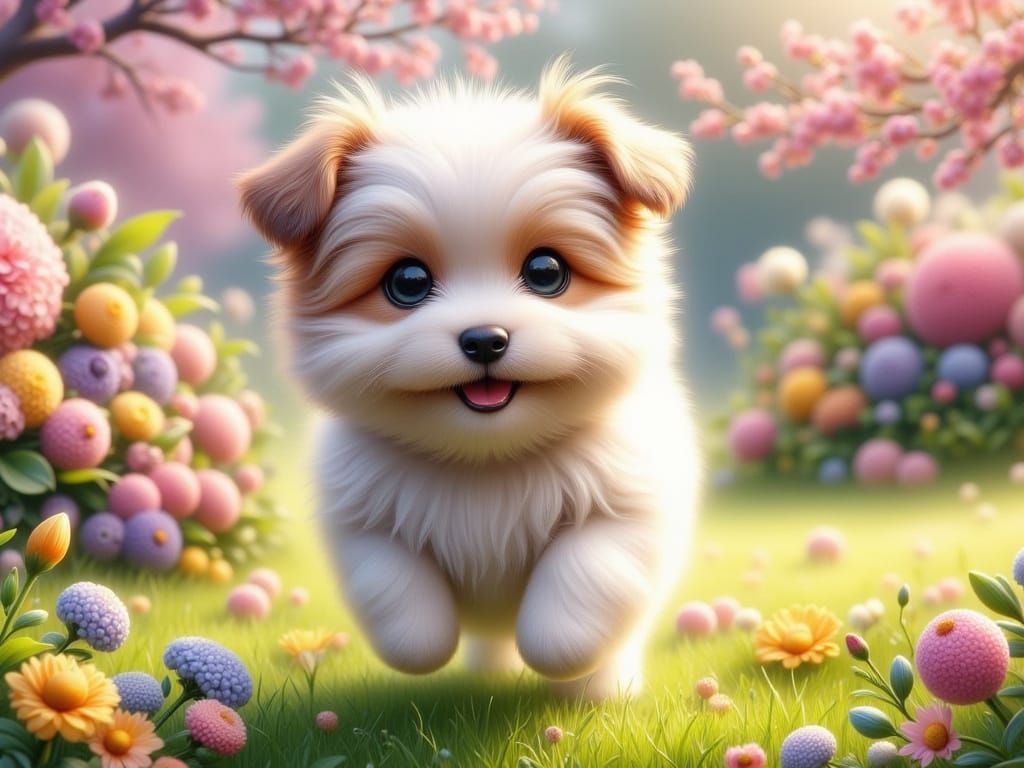 Whimsical Puppy Frolics in a Vibrant Spring Garden