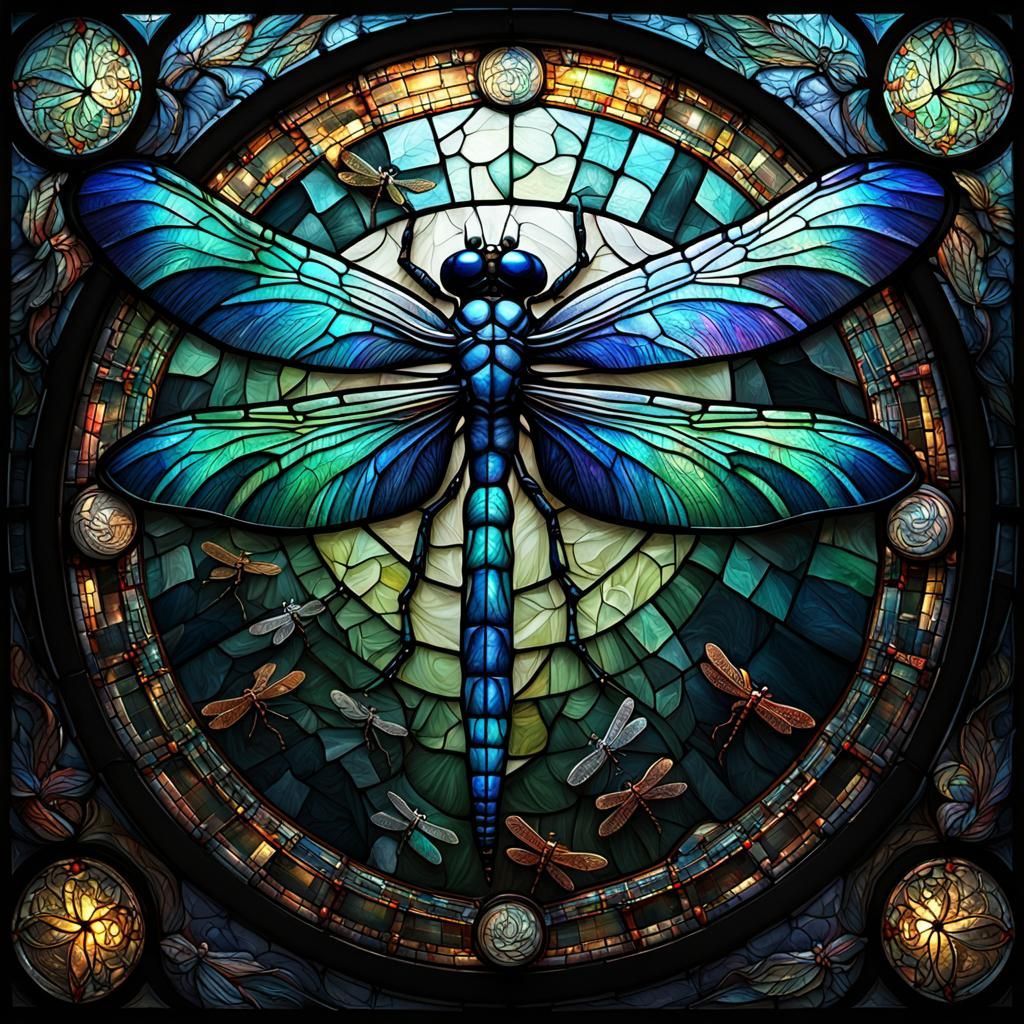 Stained Glass Dragonfly in Dark Fantasy Style