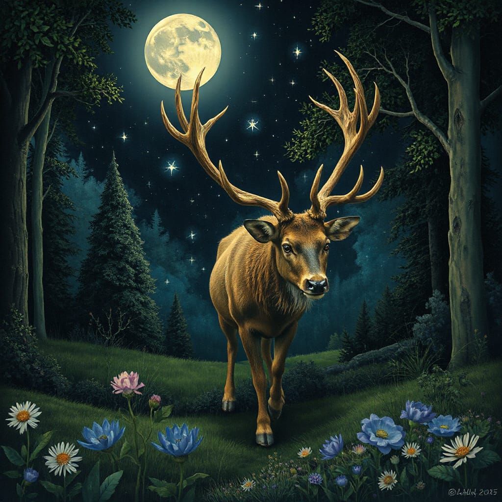 Majestic Stag in Mystical Forest Under Moonlight