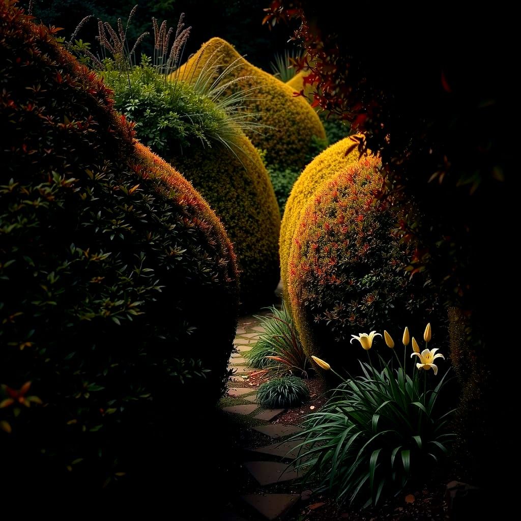 Overgrown Garden Path Maze with Lilies