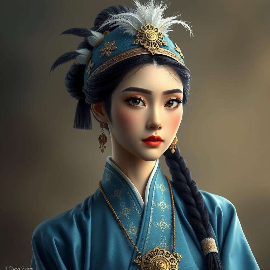 Ancient Asian Princess Portrait in Cloisonnism Style
