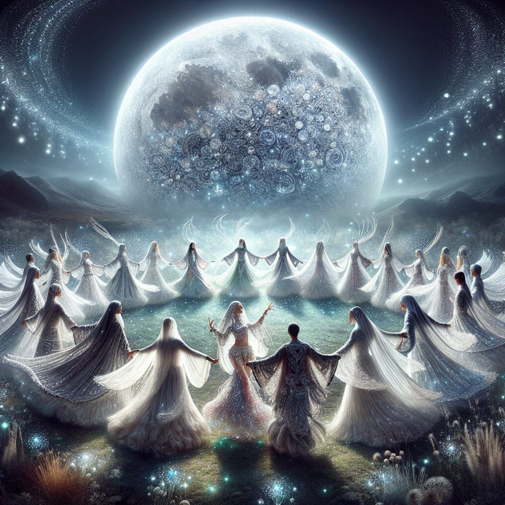 Ethereal Dancers Under Luminous Moon in Fantasy Landscape