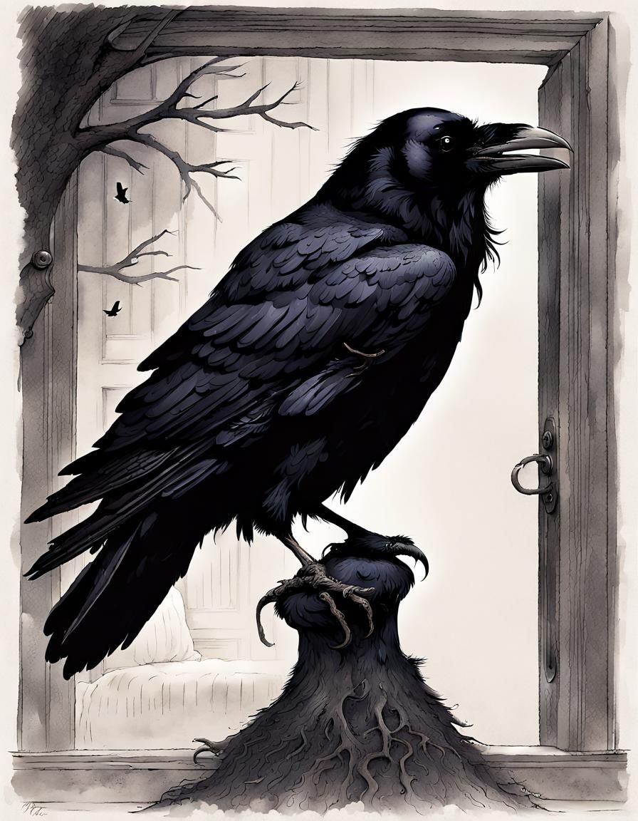 Gothic Raven Perched Above Bust