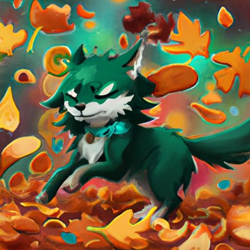 Chibi Emerald Wolf in Autumn Wonderland